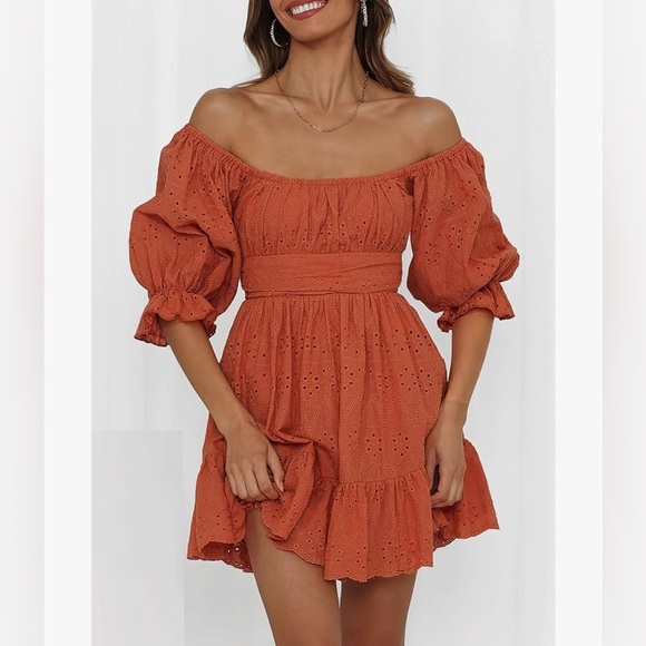 Pretty Garden Eyelet Overlay Short Puff Sleeve Ruffle Hem Babydoll Boho Dresses - Picture 3 of 12